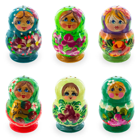 Set of 2 Wooden Floral Nesting Dolls - Green Matryoshka Salt Shakers