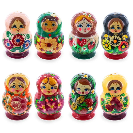 Set of 2 Wooden Floral Nesting Dolls - Matryoshka Salt and Pepper Shakers