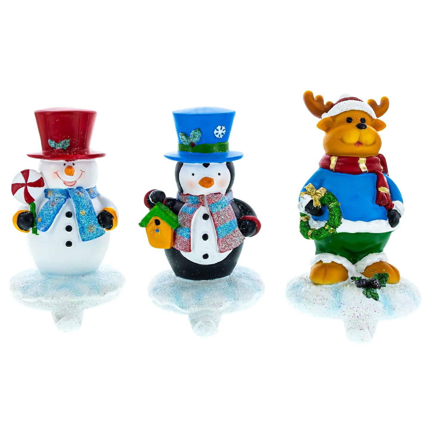 Set of 3 Christmas Stocking Holders - Snowman Penguin Reindeer Mantel Hooks