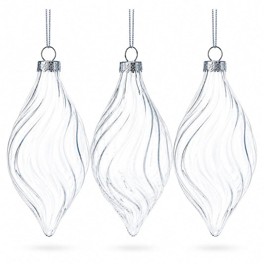 Set of 3 Clear Glass Swirl Christmas Ornaments 5.8 Inches