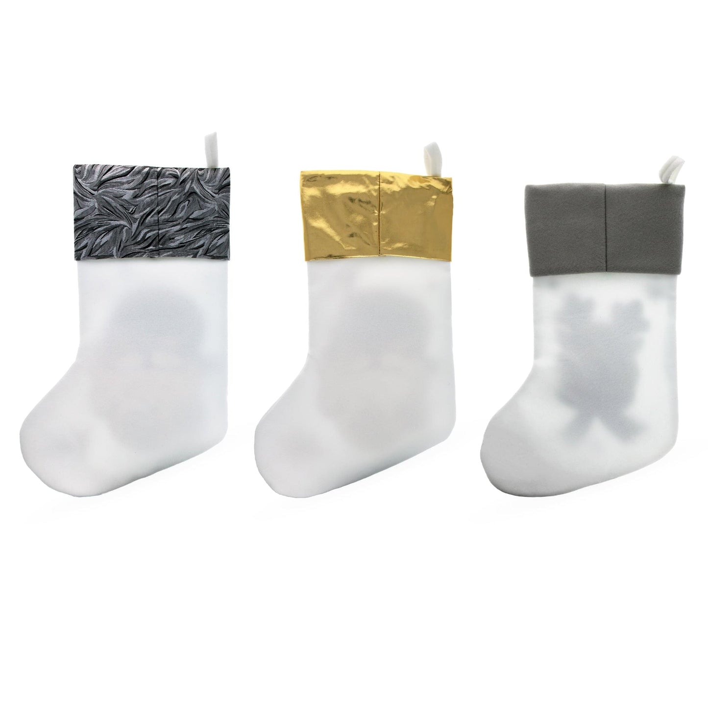 Set of 3 Gold and Silver, on White Felt Santa, Reindeer Christmas Stockings 15 Inches