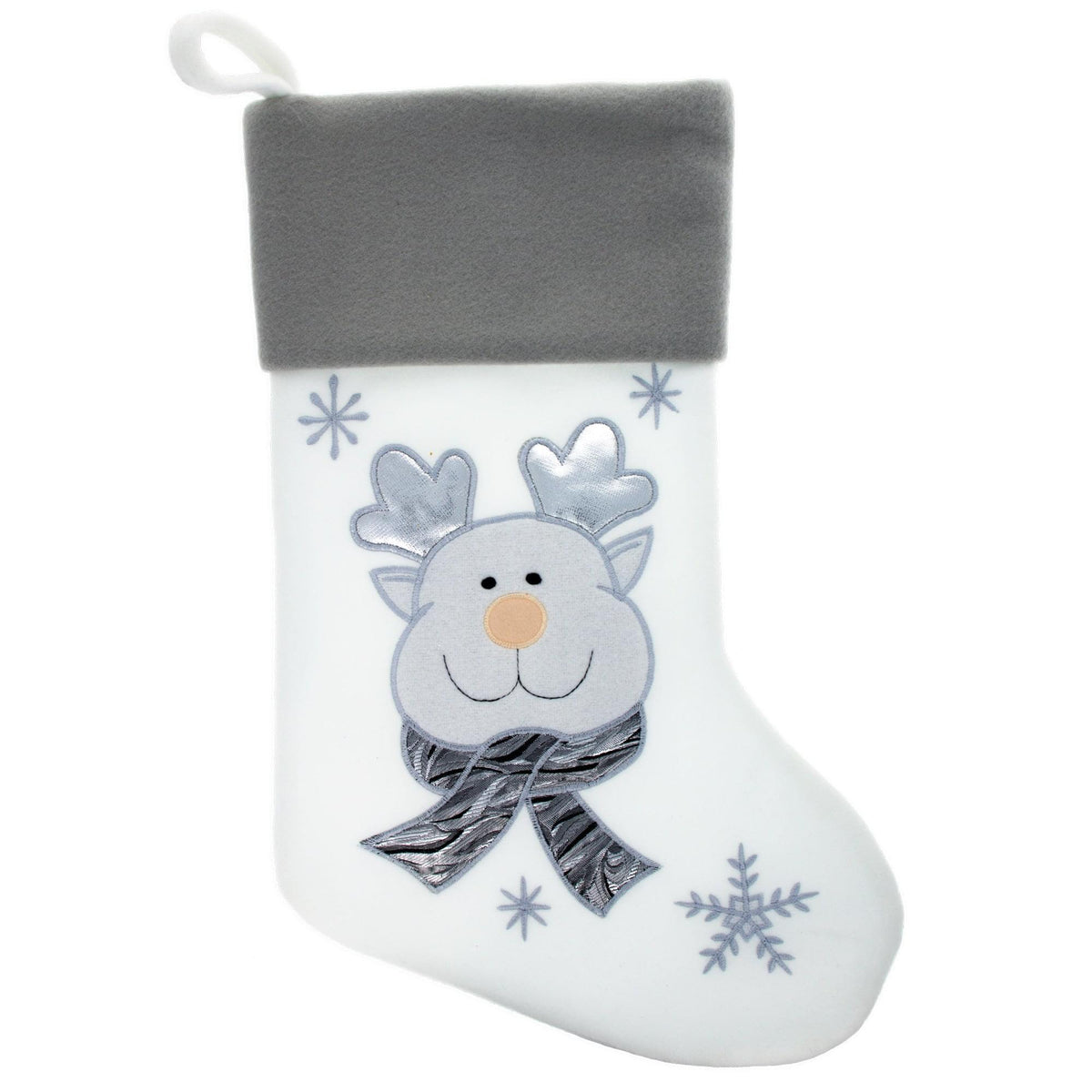 Set of 3 Gold and Silver, on White Felt Santa, Reindeer Christmas Stockings 15 Inches