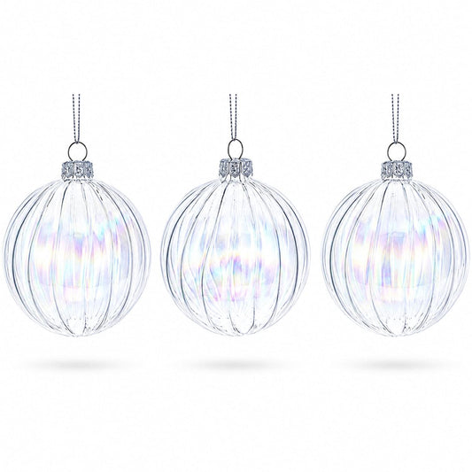 Set of 3 Iridescent Clear Glass Ball Christmas Ornaments 3.6 Inches