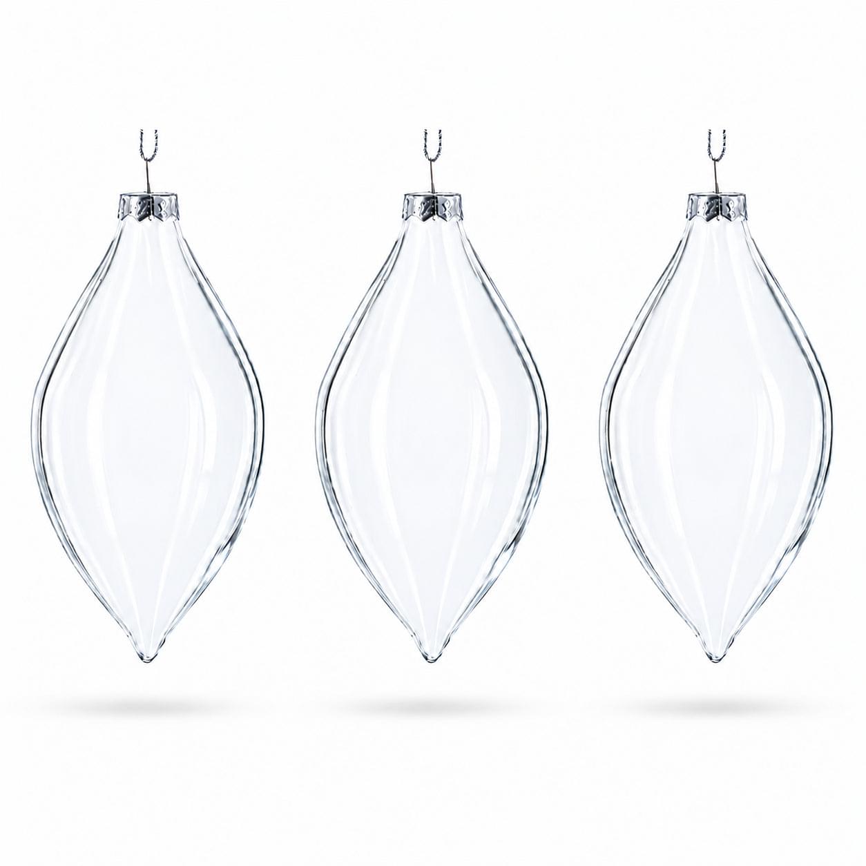 Set of 3 Oval Icicle Clear Glass Christmas Ornament 5.4 Inches