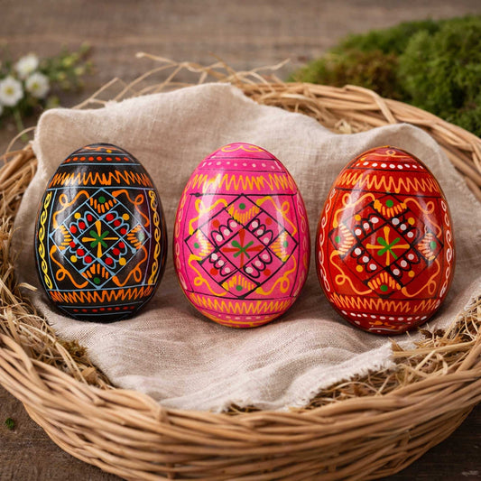 a group of painted eggs in a basket