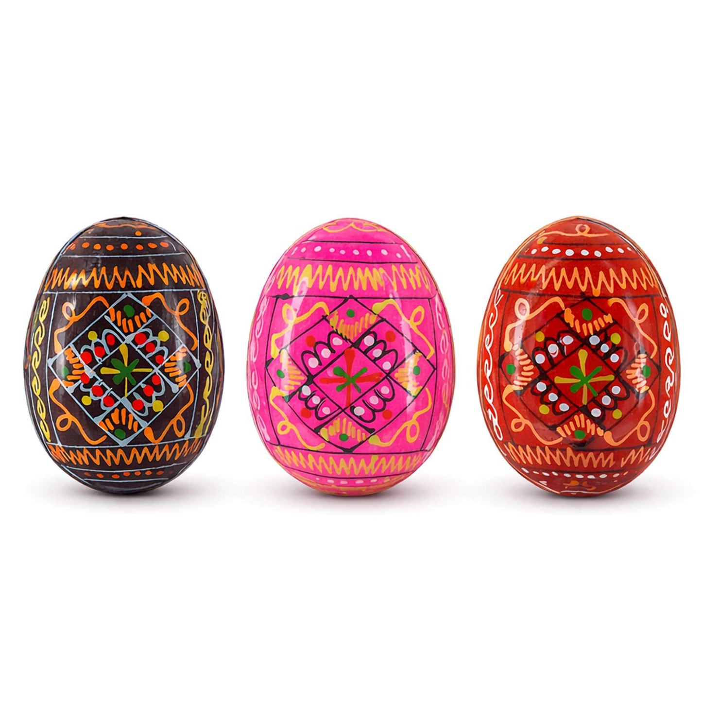 Set of 3 Red Shades Geometric Ukrainian Pysanky Wooden Easter Eggs 2.5 Inches