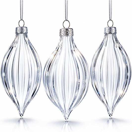 Set of 3 Striped Rhombus Finial Clear Glass Ornament 5.8 Inches