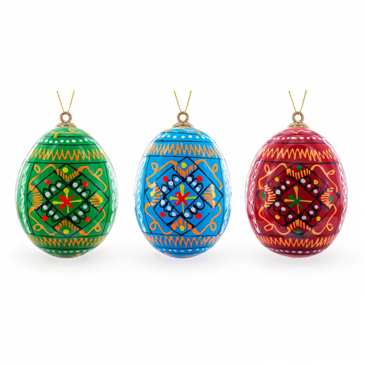 Set of 3 Vibrant Geometric Ukrainian Pysanky Wooden Easter Egg Ornaments 2.5 Inches