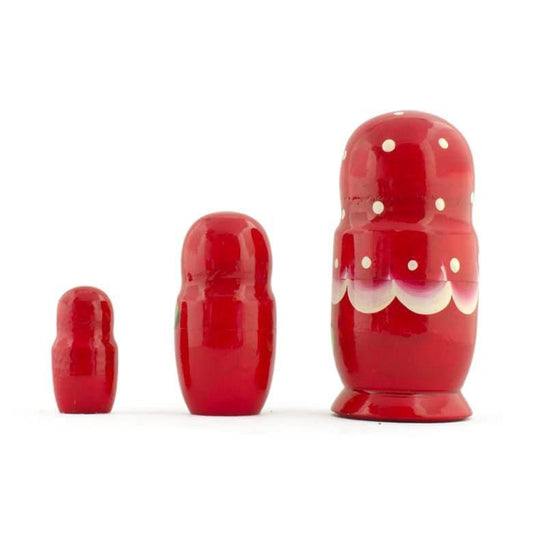 Set of 3 Wooden Floral Nesting Dolls - 3.5" Red Flower Matryoshka