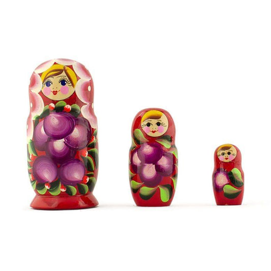 Set of 3 Wooden Floral Nesting Dolls - 3.5" Red Flower Matryoshka