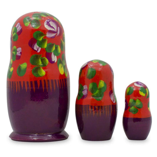 Set of 3 Wooden Floral Nesting Dolls - 3.5" Red & Purple Flower Matryoshka