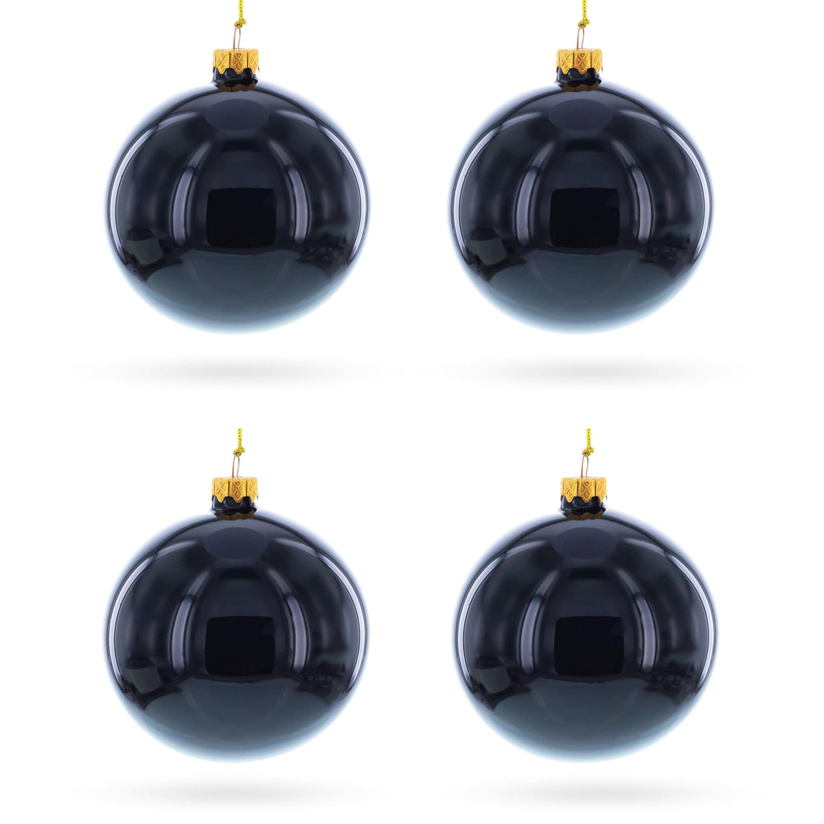 Set of 4 Glossy Black Glass Ball Christmas Ornaments 4 Inches