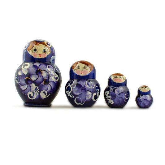 Set of 4 Wooden Floral Nesting Dolls - 3" Blue & Purple Flower Matryoshka