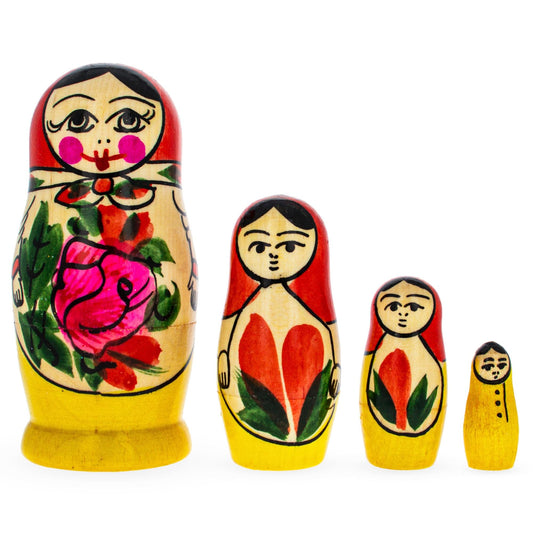 Set of 4 Wooden Rose Nesting Dolls - 4" Traditional Red Flower Matryoshka