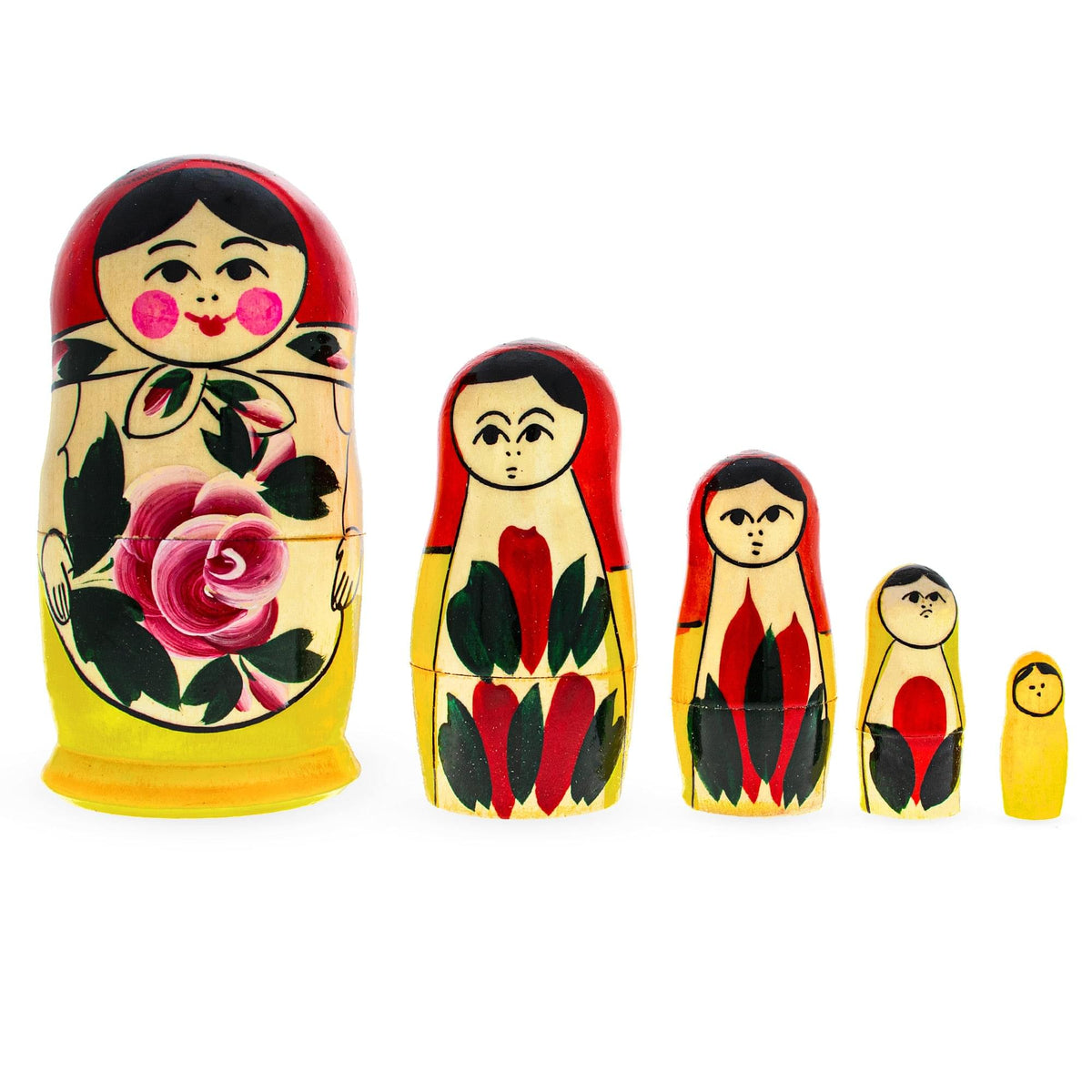 Set of 5 Semenov Style Red Scarf Matryoshka Wooden Nesting Dolls