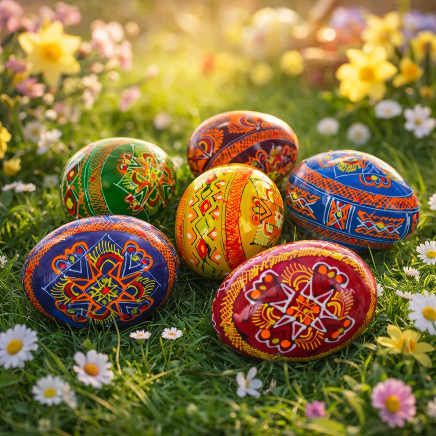 Set of 6 Folk Art Patterns Wooden Ukrainian Easter Eggs 2.5 Inches