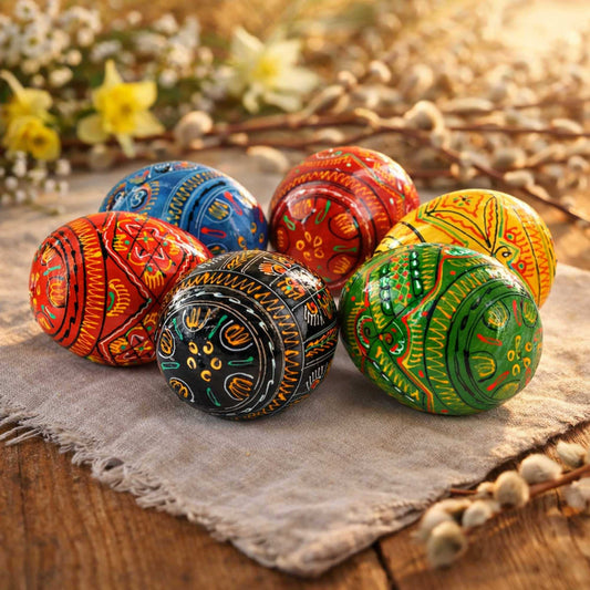 a group of colorful eggs on a cloth