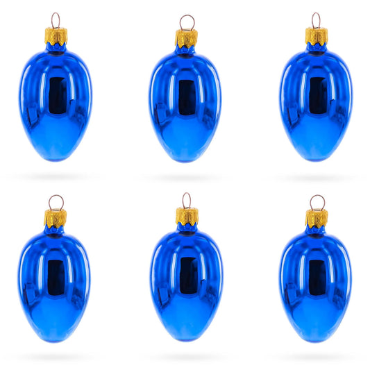 Set of 6 Glossy Blue Mini Glass Egg Ornaments 2.9 Inches