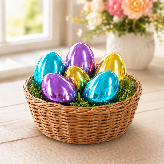 a basket with colorful eggs in it