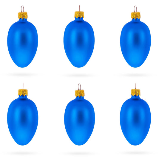 Set of 6 Matte Blue  Mini Glass Egg Ornaments 2.9 Inches