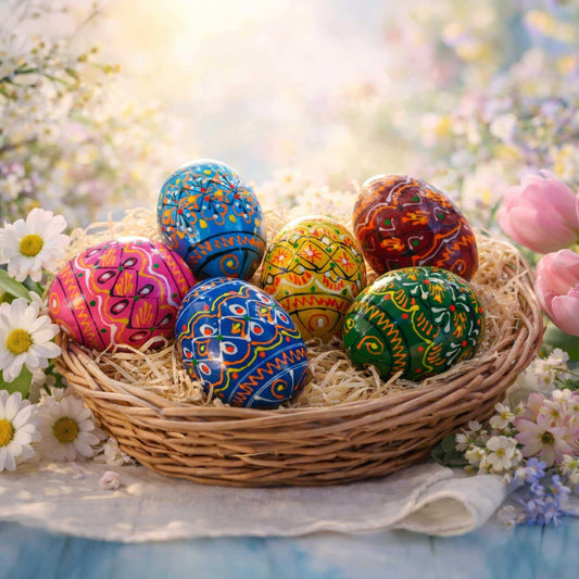 a basket with painted eggs and flowers