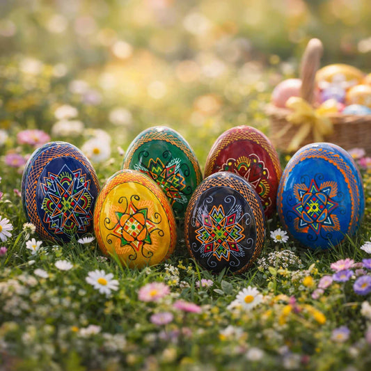 a group of painted eggs in a field of flowers