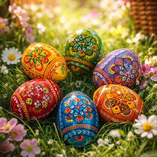 a group of painted eggs in grass