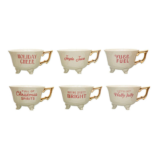 a group of tea cups with words