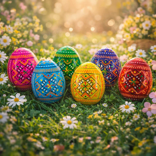 a group of painted eggs in grass
