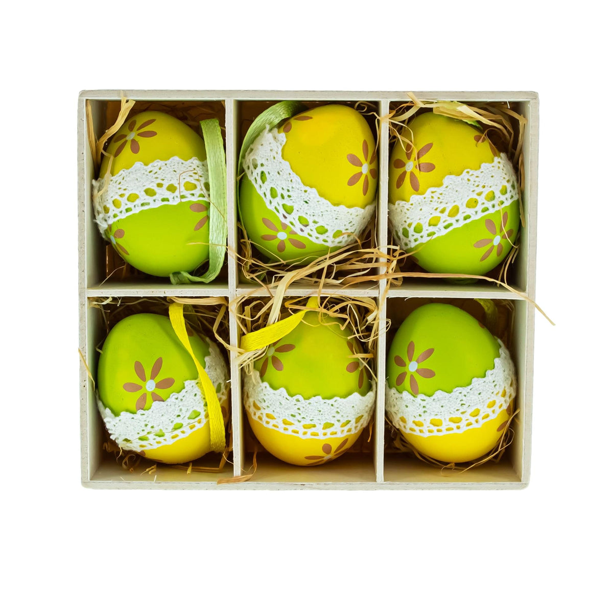 Set of 6 Yellow Green Lace-Trimmed Hanging Floral Easter Egg Ornaments