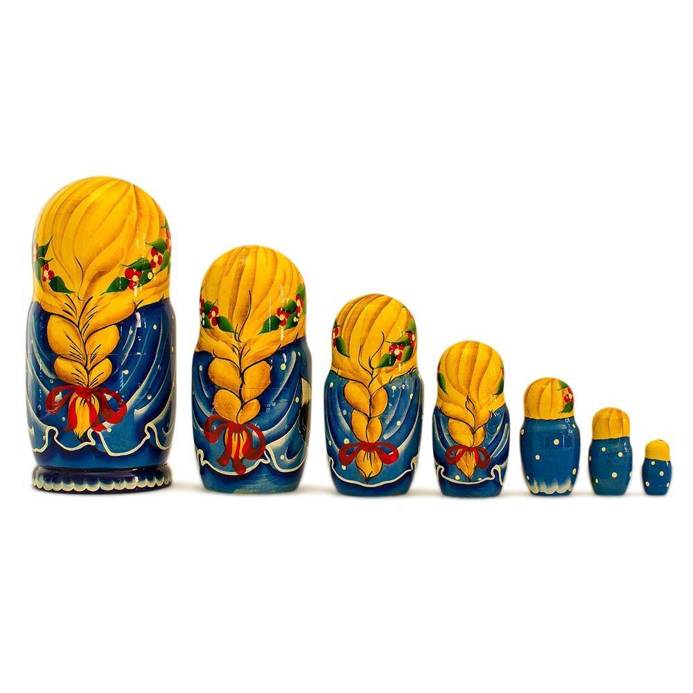 Set of 7 Girls with Cat in Blue Dress Nesting Dolls 8.5 Inches