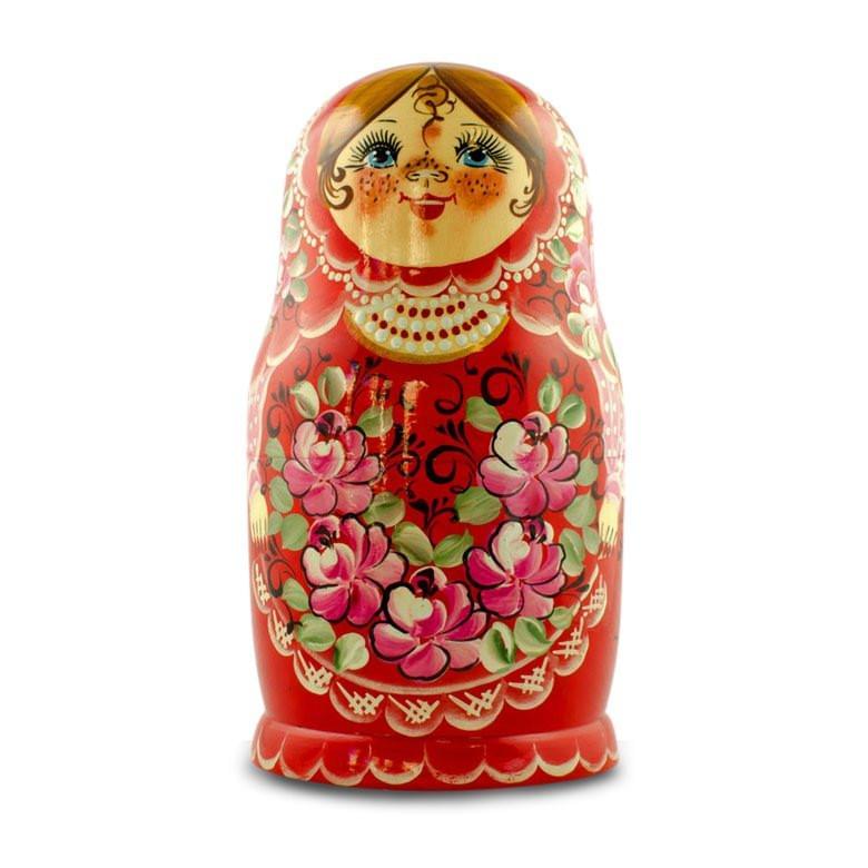 Set of Girls in Red Dress Wooden Nesting Dolls 7 Inches