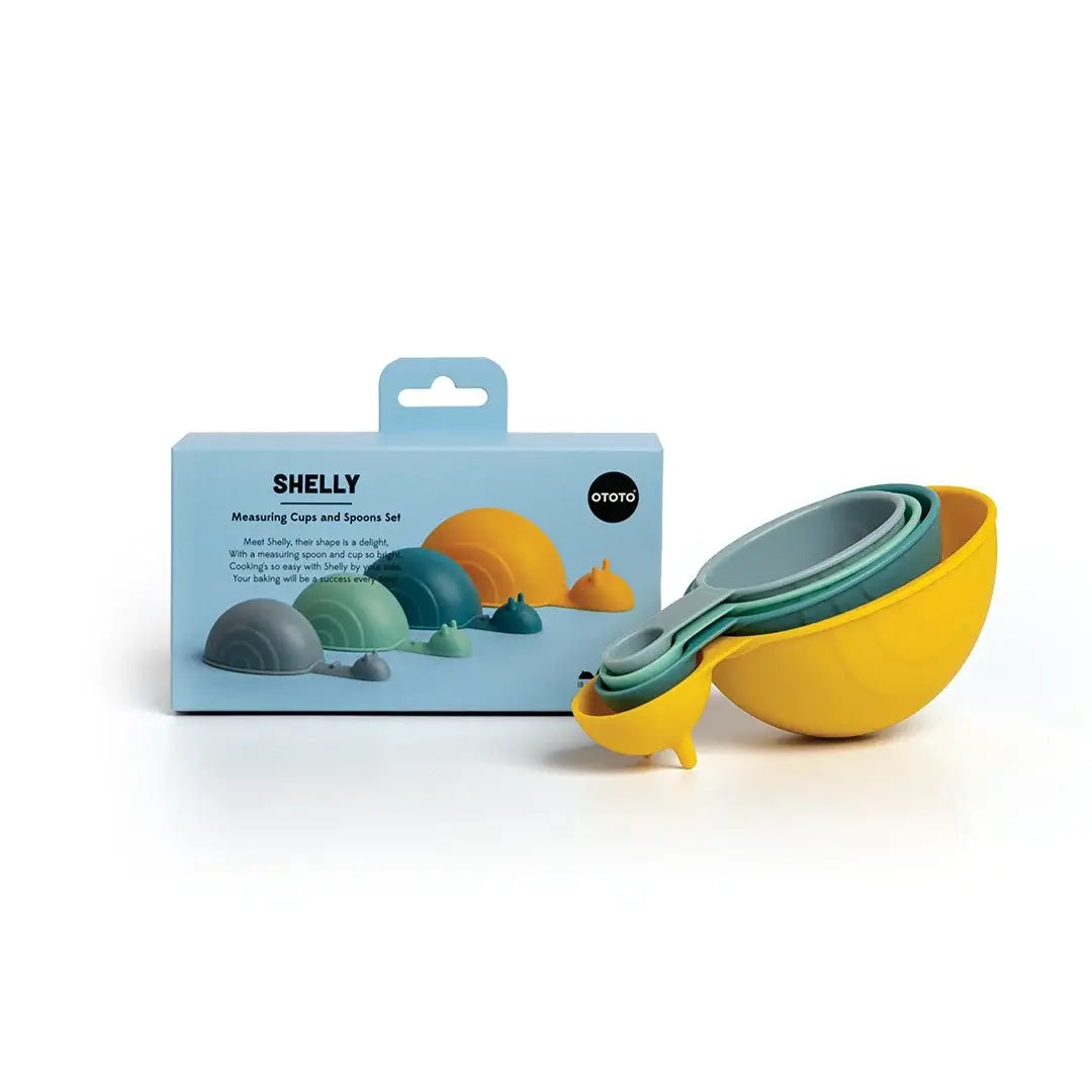 a yellow and blue measuring cups