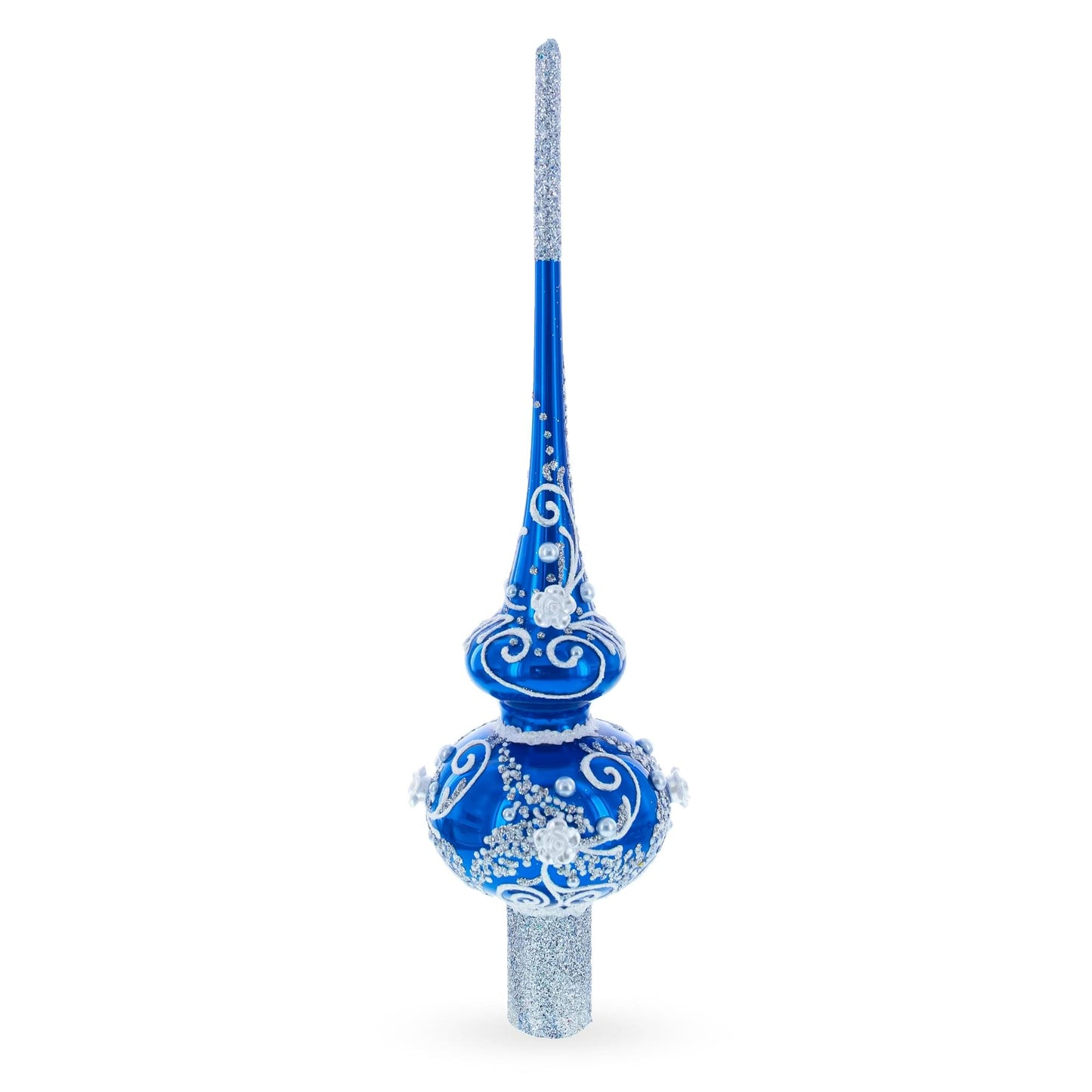 Silver Swirls on Blue Glass Christmas Tree Topper 11 Inches