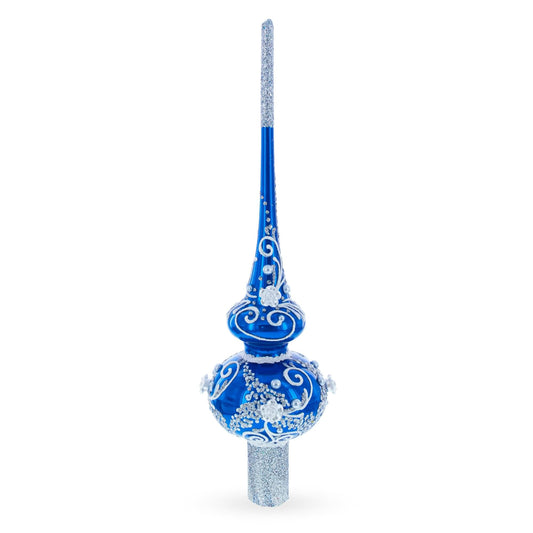 Silver Swirls on Blue Glass Christmas Tree Topper 11 Inches