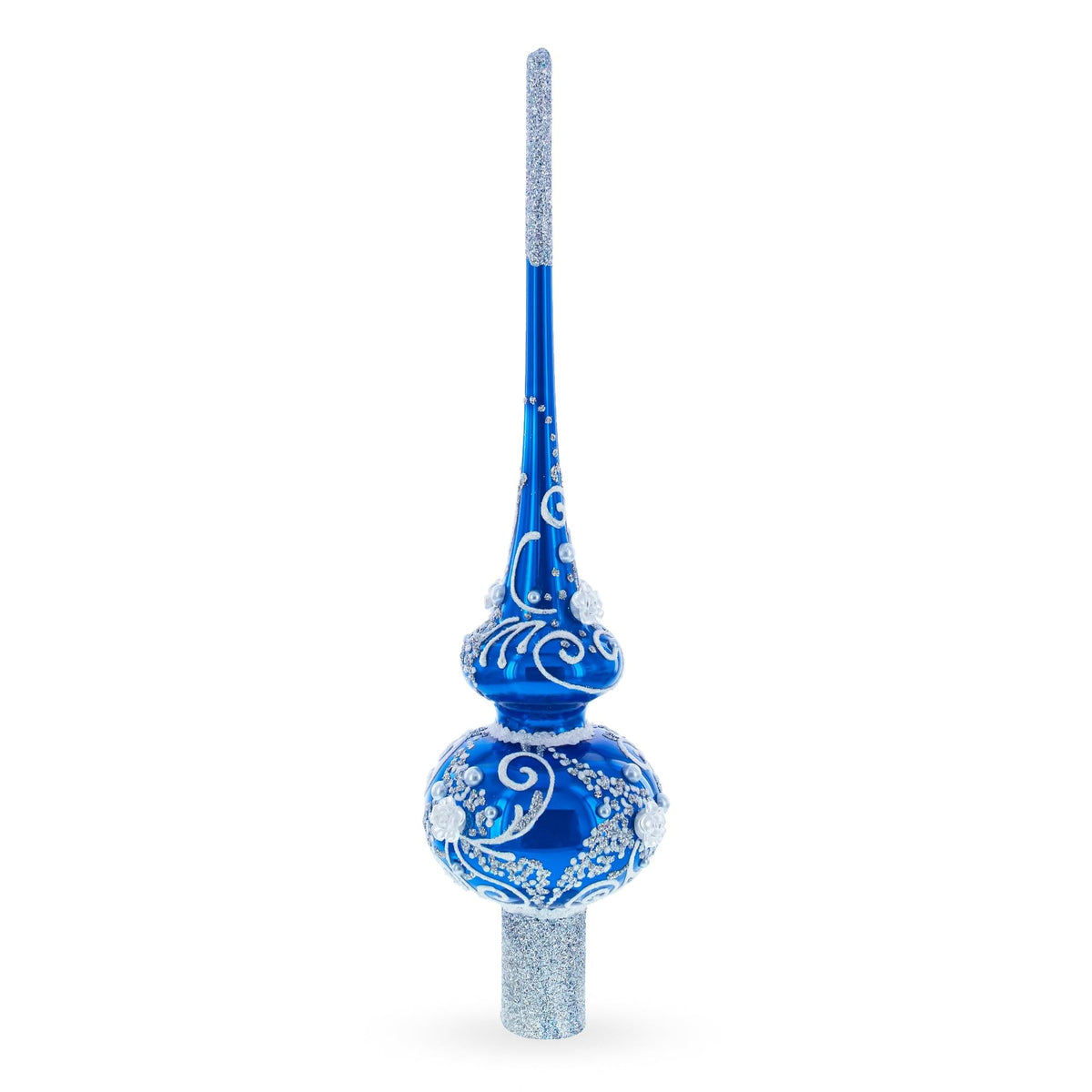 Silver Swirls on Blue Glass Christmas Tree Topper 11 Inches