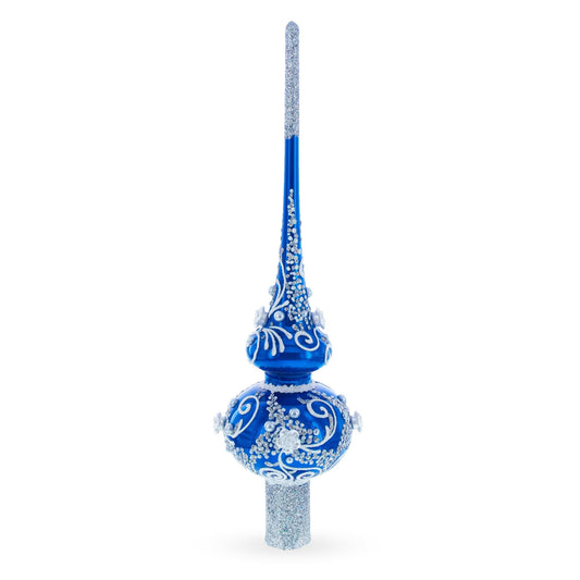 Silver Swirls on Blue Glass Christmas Tree Topper 11 Inches