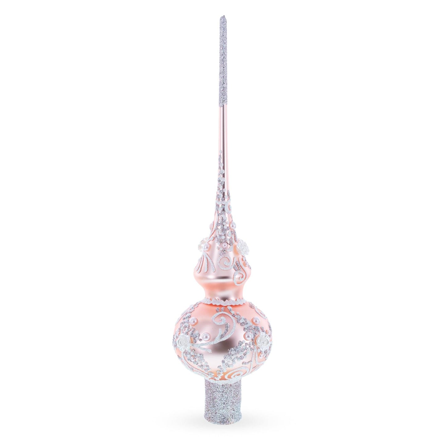 Silver Swirls on Metallic Rose Pink Glass Christmas Tree Topper 11 Inches