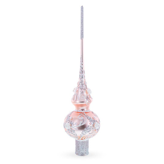 Silver Swirls on Metallic Rose Pink Glass Christmas Tree Topper 11 Inches