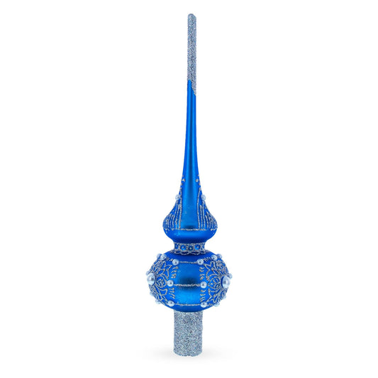 Silver Web on Blue Glass Christmas Tree Topper 11 Inches
