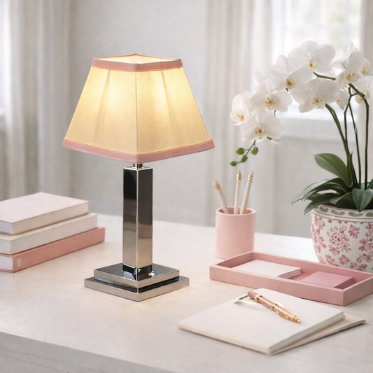 Silver Square Rechargeable Lamp with Pink Trim Shade