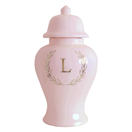 Single Letter Laurel Wreath Monogram Ginger Jars in Cherry Blossom Pink