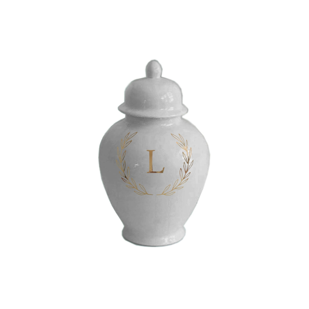 Single Letter Laurel Wreath Monogram Ginger Jars in Light Gray