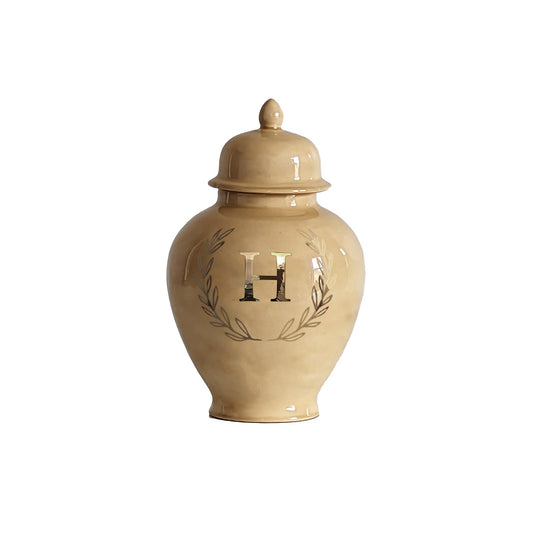 Single Letter Laurel Wreath Monogram Ginger Jars in Sand