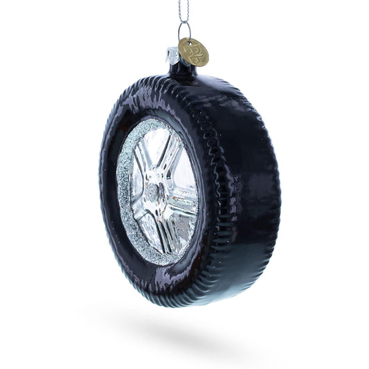 Sleek Black Car Wheel Glass Christmas Ornament