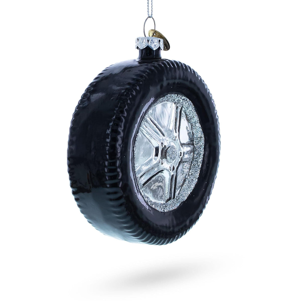 Sleek Black Car Wheel Glass Christmas Ornament