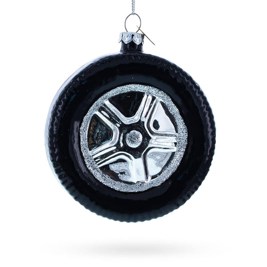 Sleek Black Car Wheel Glass Christmas Ornament