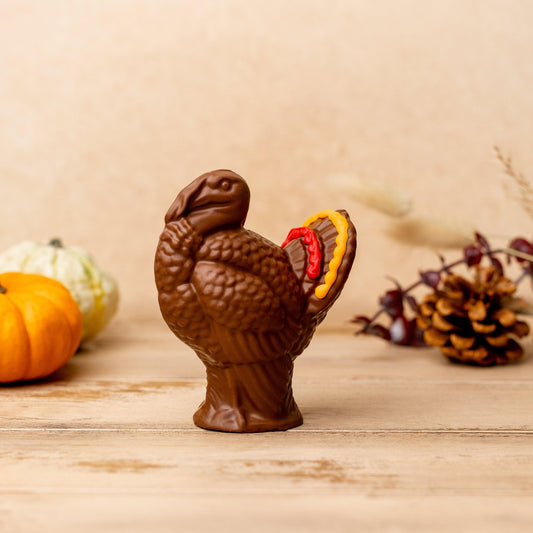 a chocolate turkey with pumpkins and pine cones