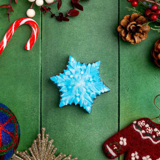 a blue star shaped cookie with a red and gold and silver ornament