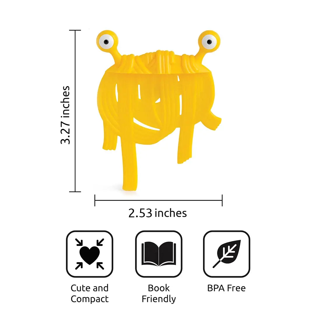 a yellow object with eyes and a black text